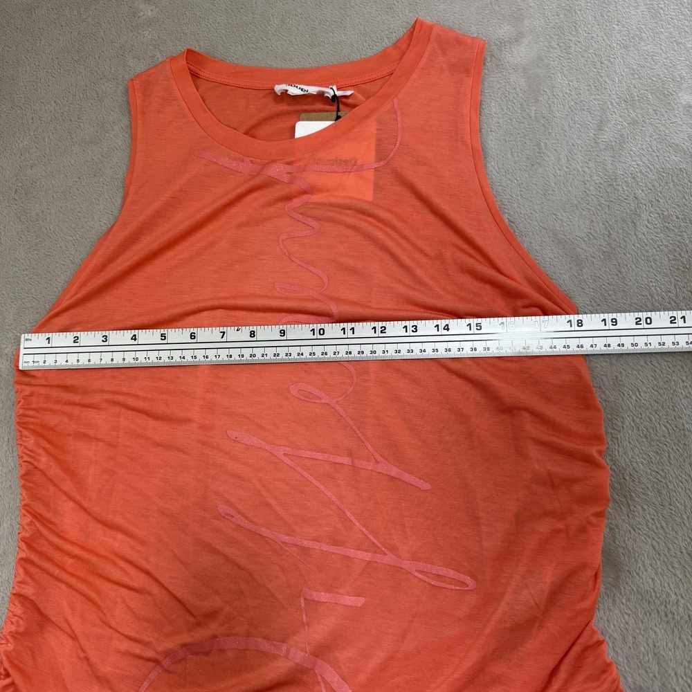 Desigual Tank Top Womens M Orange Logo Ruched Drawstring Sides Summer READ - Picture 7 of 9